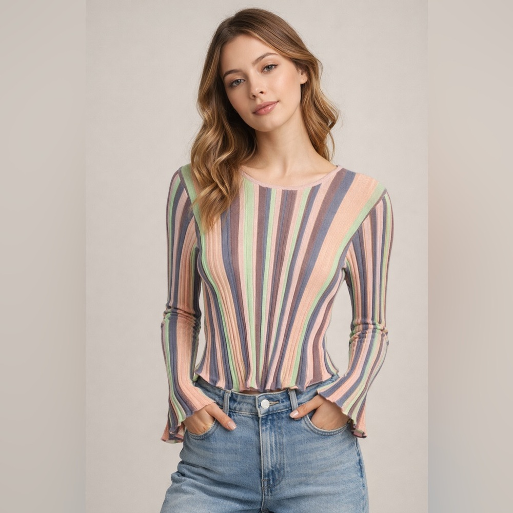 Lumiere Ribbed Multicolor Striped Crop Top Size Medium